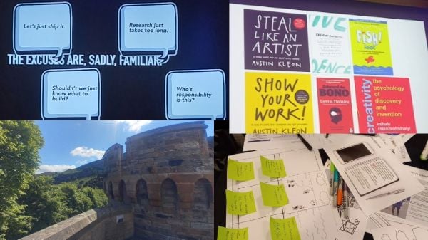 Slides From the GameMaker UX Team's Presentation. They show things like the book Steal Like An Artist, notes from a workshop, and Edinburgh .jpeg