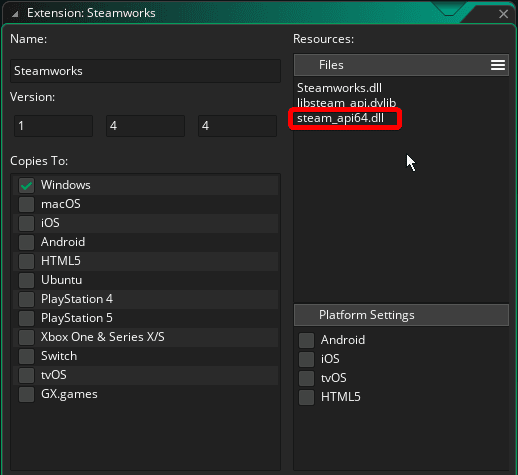 GameMaker Steam preferences
